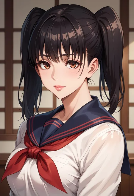 anime artwork, score_9, score_8_up, score_7_up, score_6_up, score_5_up, solo, perfect eyes, detailed eyes, beautiful female, detailed face, dynamics lines, 20 year old, perfect beautiful face, long eyelashes, sharp eyes pupils, (bedroom:1.3), (upper body:1.5), medium breasts, wide hips, hips,,1 girl, tall female, black hair, bangs, twintails, brown eyes, serafuku, blue skirt, pleated skirt, pantyhose, smile
