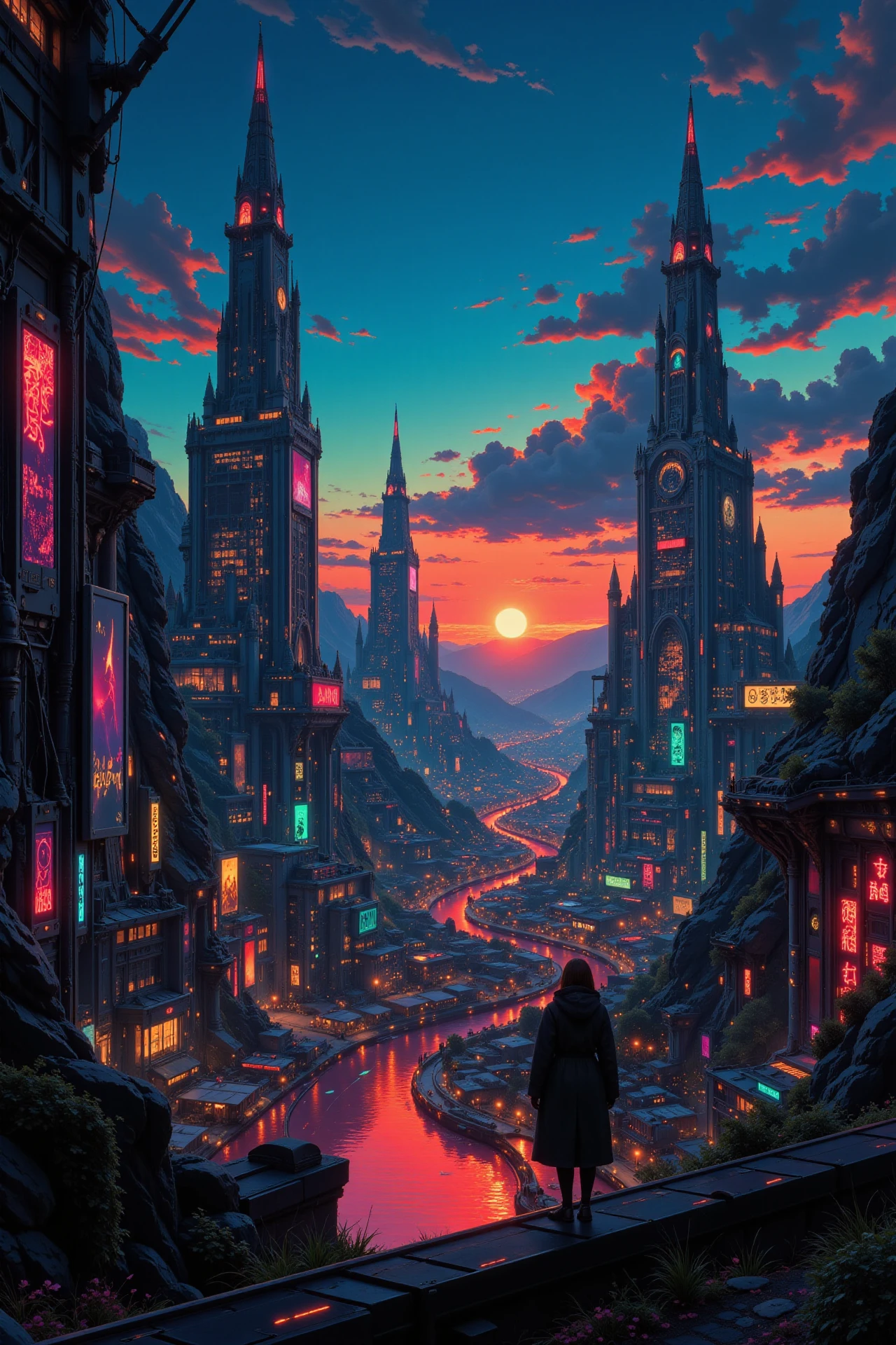a futuristic sci-fi fantastic cyberpunk city beautiful  landscape, dusk, woman, very intricate, very detailed, sharp, bright, colorful, <lora:Hand v2:0.5> <lora:Anti-Blur:1><lora:Insane Detail Slider:0.25>  <lora:flux.1_lora_flyway_Epic-detail_v2:0.3> <lora:fluxenhancer:0.25> <lora:Anime_style:0.6> anime style