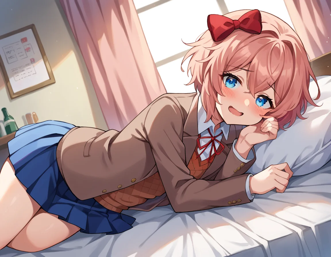 score_9, score_8_up, score_7_up, source_anime,
ddlcsayori, <lora:ddlc-sayori-ponyxl-lora-nochekaiser:1>
ddlcsayori, blue eyes, hair between eyes, hair bow, hair ornament, pink hair, red bow, short hair,
blue skirt, pleated skirt, school uniform, skirt, brown jacket, jacket,
indoors, bed, bed room, on side, blush, drunk,
looking at viewer, dutch angle, cowboy shot,