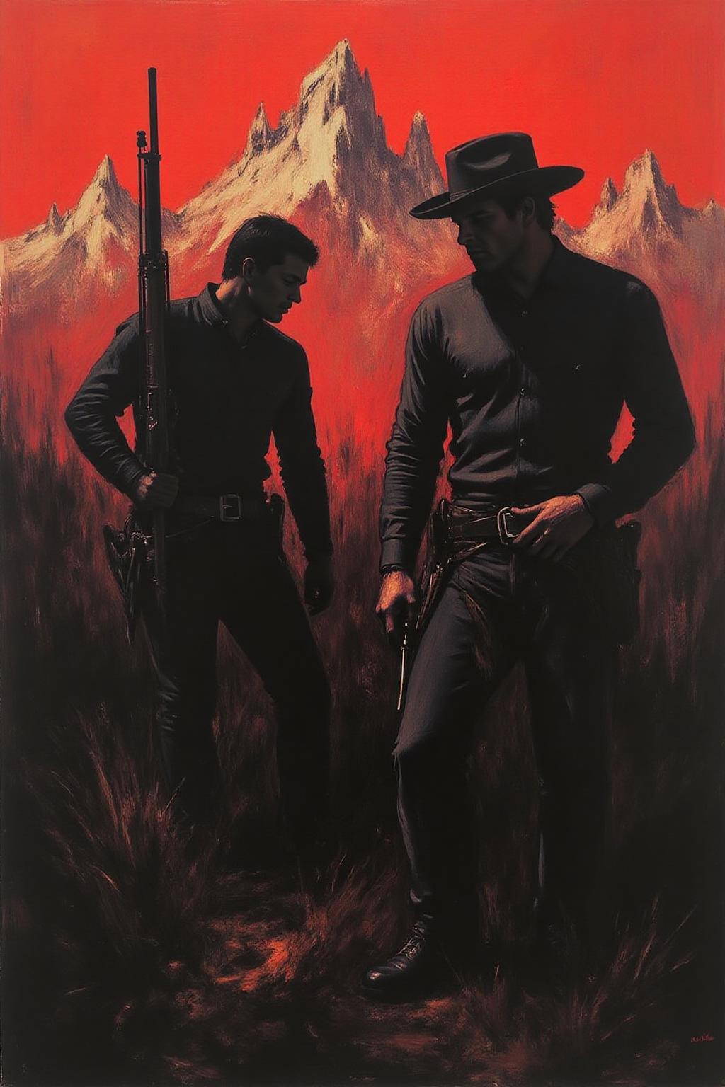 apoca1 illustration. a painting of two men, dressed in dark clothing, are facing each other. The man on the left is dressed in a long sleeved, long-sleeved shirt, pants, and a hat, and he is holding a gun in his right hand. His left hand is resting on his hip, while his right arm is bent at the elbow. The second man, dressed as a cowboy, is facing the right, with his head turned towards the left. He is facing away from the viewer, and his shadow is cast on the right side of the frame. The background is a vibrant red, with a mountain range in the background.  <lora:apocalypse_now1_fl_d4a2:1.0><lora:803273074930737265:0>