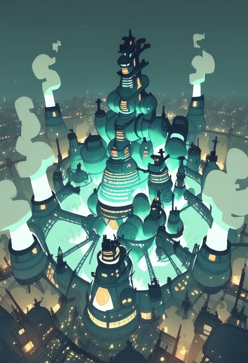 score_9, score_8_up, score_7_up, aerial view of ShinRa headquarters in Midgar, ShinRa tower, Midgar divided into 8 sections, spotlights, smoke, fog, smog, city, night,