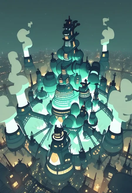 score_9, score_8_up, score_7_up, aerial view of ShinRa headquarters in Midgar, ShinRa tower, Midgar divided into 8 sections, spotlights, smoke, fog, smog, city, night,