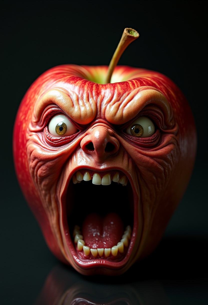 Hyperrealistic apple with a grotesquely anthropomorphic face, screaming in intense rage or agony. Round and firm with smooth red skin, transitioning seamlessly into wrinkled, flesh-like features. Eyes bulge outward, bloodshot and strained, with pale, watery flesh forming eerie eye sockets. Brow deeply furrowed, creating harsh lines across the apple's surface. Nose scrunched and flared, nostrils clearly visible. Mouth stretched impossibly wide, revealing rows of human-like teeth and a moist, glistening tongue. Lips pulled back in a snarl, exposing gums. Cheeks contorted, emphasizing the screaming expression. Skin pores and fine hairs visible on the face portion, blending into the smooth, shiny apple texture with subtle natural blemishes. Vivid red coloration with slight hints of green, highlighting the fruit's curvature. Harsh lighting from above casts dramatic shadows, accentuating the three-dimensional quality and the grotesque facial features. Background is a neutral grey gradient, focusing attention on the surreal, nightmarish apple creature.