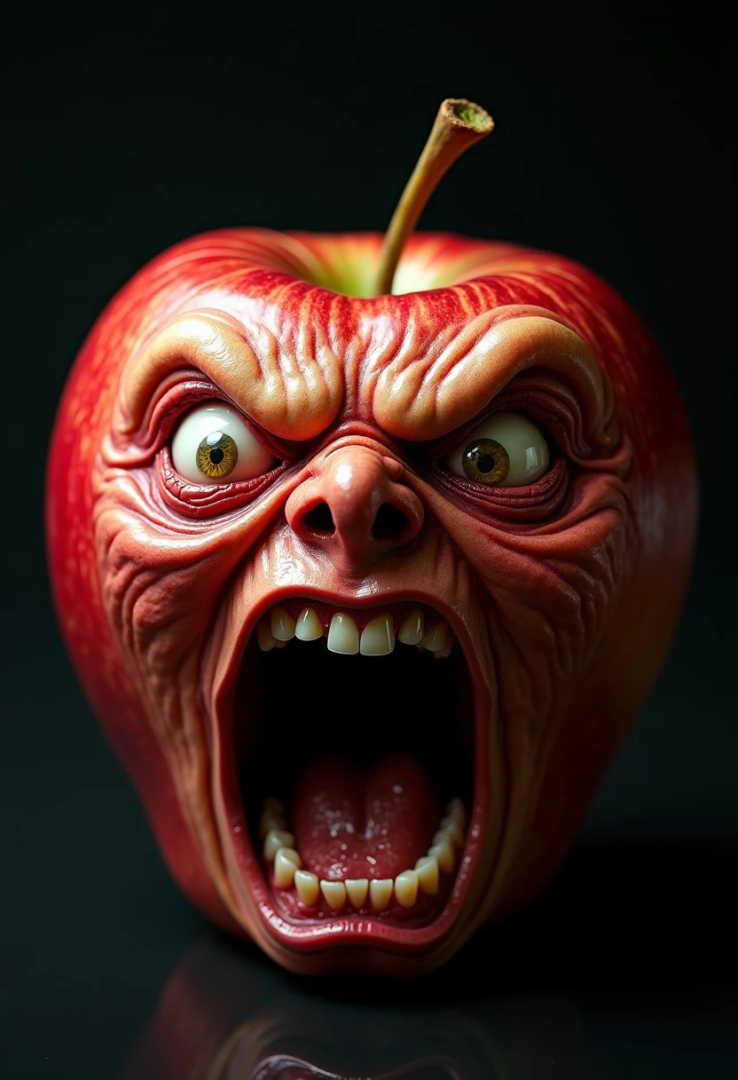 Hyperrealistic apple with a grotesquely anthropomorphic face, screaming in intense rage or agony. Round and firm with smooth red skin, transitioning seamlessly into wrinkled, flesh-like features. Eyes bulge outward, bloodshot and strained, with pale, watery flesh forming eerie eye sockets. Brow deeply furrowed, creating harsh lines across the apple's surface. Nose scrunched and flared, nostrils clearly visible. Mouth stretched impossibly wide, revealing rows of human-like teeth and a moist, glistening tongue. Lips pulled back in a snarl, exposing gums. Cheeks contorted, emphasizing the screaming expression. Skin pores and fine hairs visible on the face portion, blending into the smooth, shiny apple texture with subtle natural blemishes. Vivid red coloration with slight hints of green, highlighting the fruit's curvature. Harsh lighting from above casts dramatic shadows, accentuating the three-dimensional quality and the grotesque facial features. Background is a neutral grey gradient, focusing attention on the surreal, nightmarish apple creature.