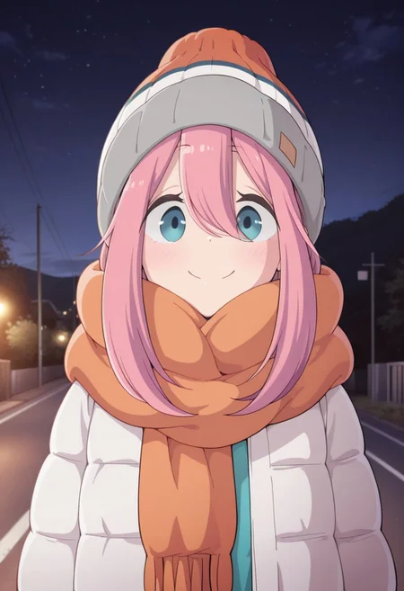 masterpiece,best quality,amazing quality, kagamihara nadeshiko, pink hair, long hair, blue eyes, 1girl, solo, smile, outdoors, hat, night, scarf, beanie, looking at viewer, hair between eyes, orange scarf, sky, closed mouth, road