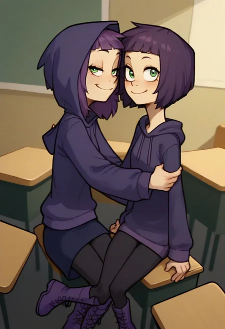 score_9, score_8_up, score_7_up, score_6_up, score_5_up, score_4_up, 2 girls in image, sitting on desks, smiling, looking at viewer, arms around each other, friends, 
BREAK, 
1 girl, square head, green eyes, squinch, round eyes, long hair, dark blue hair, dark blue dress sweater, black leggings, small black boots, 
BREAK
1 girl, short hair, purple hair, long eyelashes, purple hoodie, purple skirt, purple shoes, , hood up
