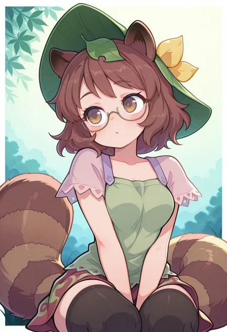incredibly_absurdres, amazing_background, best quality, pastel_colors, bright_colors, colorful, soft_colors, white border, 1girl, solo, thighhighs, kawaii_babes_style, SNRA-illu,
peaceful,
futatsuiwa mamizou, 1girl, solo, brown eyes, brown hair, short hair, raccoon ears, raccoon tail, semi-rimless eyewear, leaf on head, green headwear,