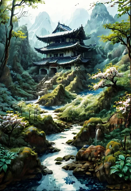 An asian House and Sakura garden made of blue and white porcelain, asian landscape in the background, SimpleNegativeV3,zavy-chnsdrgn, masterpiece, award winning, very detailed, porcellana style