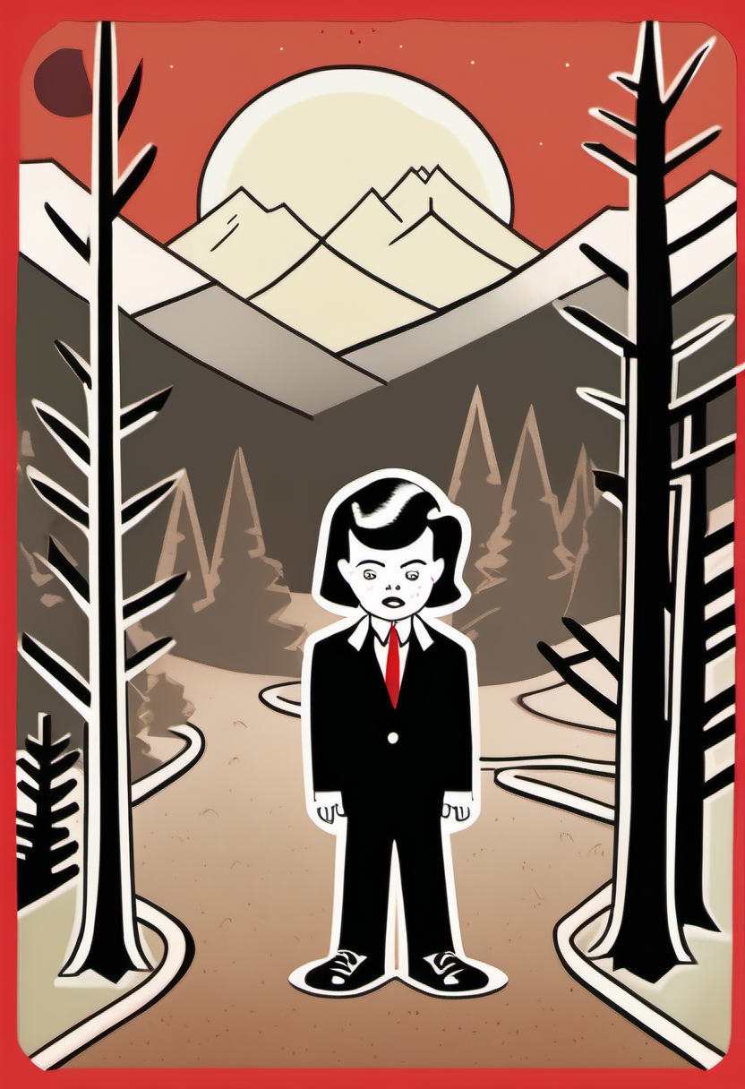 a still from Twin Peaks (The Illustrated Children's Storybook style:1.2) <lora:Everly_Heights_Comics:1>