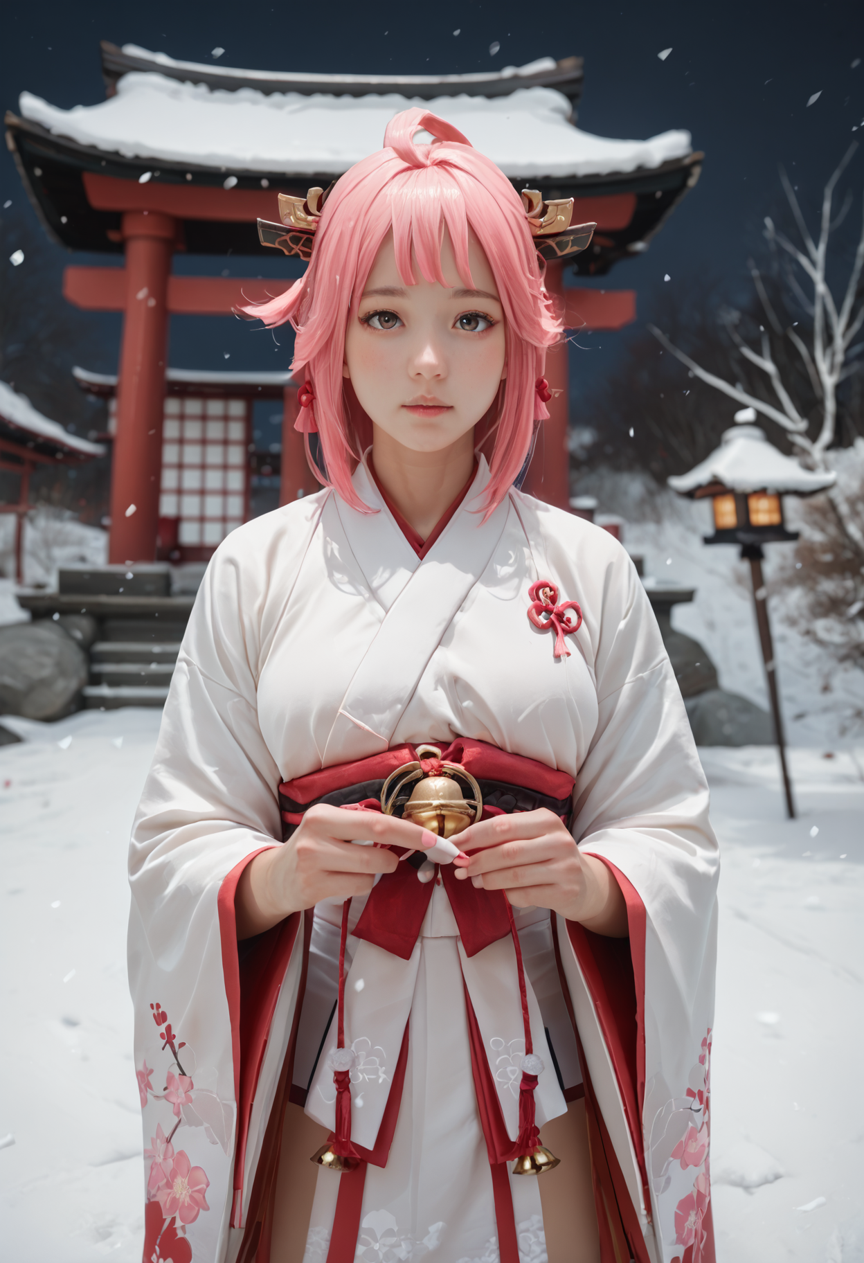 yuec, score_9, score_8_up, score_7_up,solo, woman, sakura haruno, pink hair, slender, miko clothes, shrine, snow, dark night, upper body, wand, bells, pose, <lora:YUE_C_Style:1>