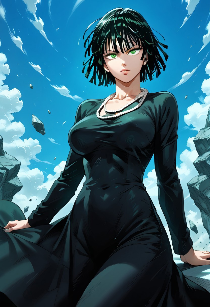 score_9,score_8_up,score_7_up,source_anime, FUBUKI_(ONE_PUNCH_MAN),1girl,solo,breasts,short hair,large breasts,black hair,dress,jewelry,green eyes,sky,cloud,necklace,black dress,pearl necklace,telekinesis,levitation,