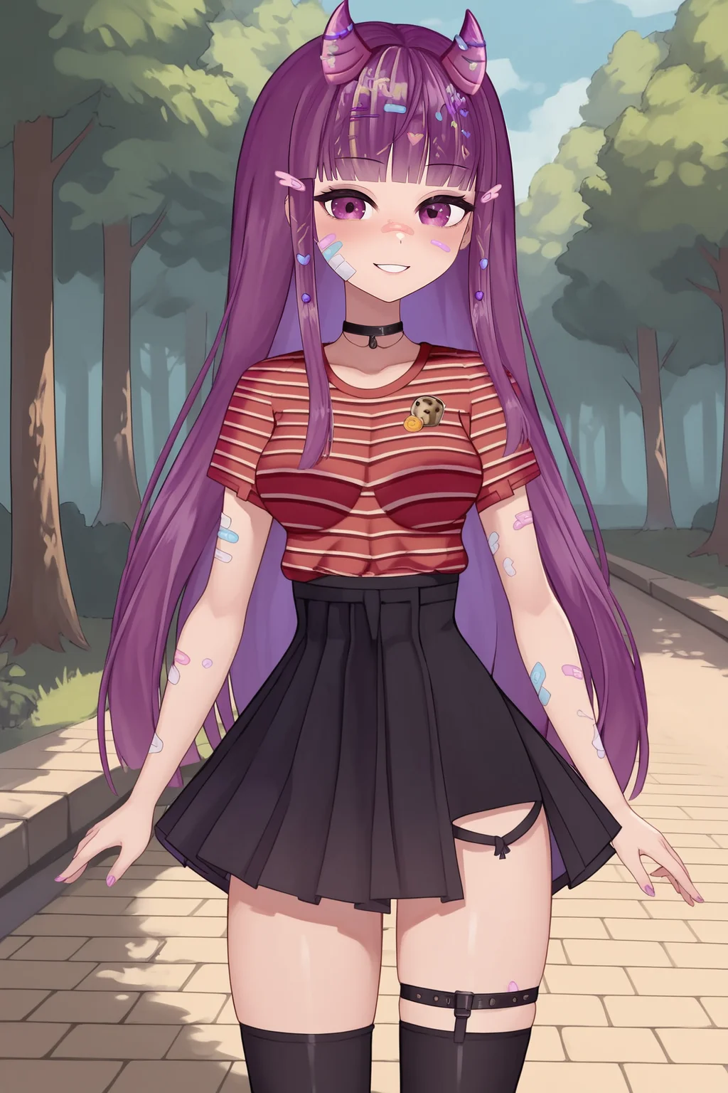 score_9, score_8_up, score_7_up, score_6_up, BREAK, KottyVTXL, bandaid on face, purple eyes, purple hair, long hair, blunt bangs, hair ornament, purple horns, black choker, medium breasts, striped shirt, red shirt, short sleeves, black skirt, black thighhighs, solo, standing, looking at viewer, seductive smile, (forest) <lora:KottyVTXL:0.9>