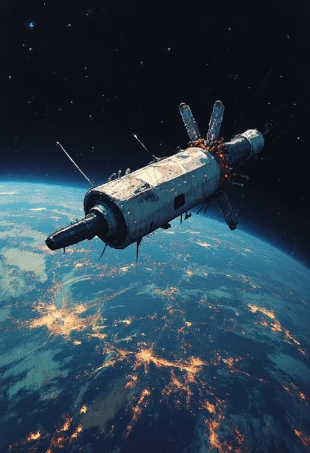 pixel art, A futuristic artificial satellite floats serenely in orbit above the Earth, a celestial sentinel gazing out into the vast expanse of space. Below, the terrestrial world glows with a tapestry of vibrant city lights, a breathtaking display of human ingenuity and civilization. The satellite's metallic hull glints in the starlight, a beacon of technological advancement amidst the inky blackness of space. The planet's atmosphere shimmers like a canvas of iridescent hues, a kaleidoscope of blues and greens that seem to pulse with an otherworldly energy. The city lights twinkle like diamonds scattered across the surface, a mesmerizing spectacle that stretches as far as the eye can see. In the distance, the curve of the Earth rises like a majestic crescent, a reminder of the satellite's place in the grand tapestry of the cosmos.