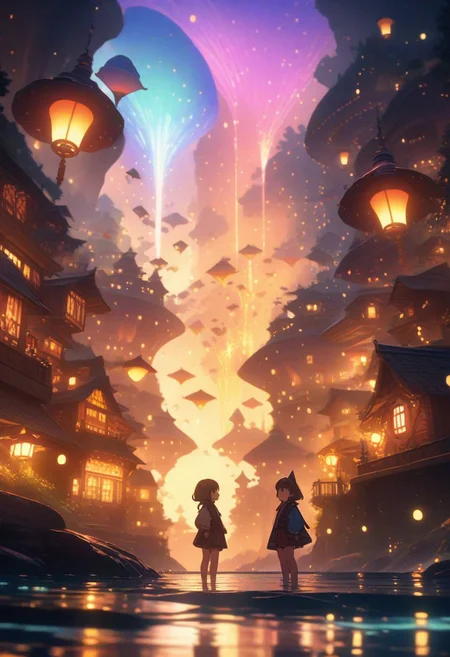 fireflies , anime kingdom , chocolate sky , colorful airships glide gracefully through the sky , seaside village , golden waters , kaleidoscope light , illustration , mirrored water , fantasy world , 8k , UHD , cinematic lighting, volumetric lighting, Film grain, cinematic film still, shallow depth of field, highly detailed , beautiful , cute