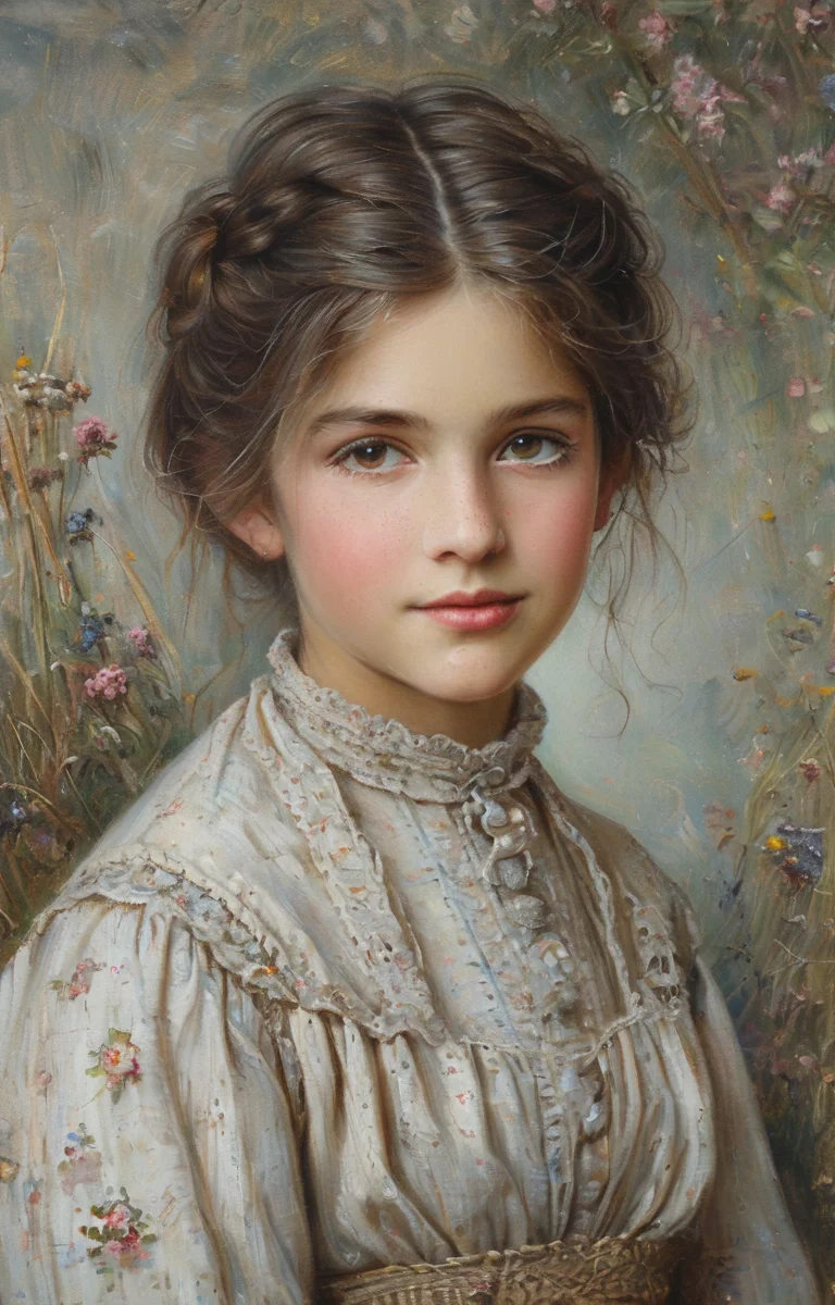 masterpiece,best quality,<lora:tbh136-sdxl:0.85>,portrait of  woman,illustration,style of Helen Allingham,