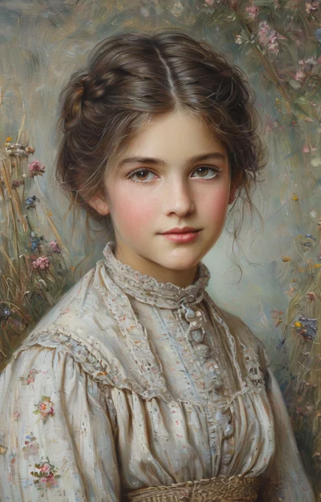 masterpiece,best quality,<lora:tbh136-sdxl:0.85>,portrait of  woman,illustration,style of Helen Allingham,
