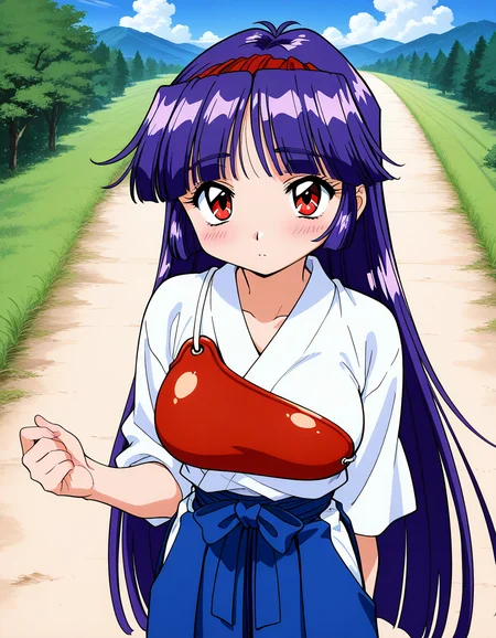 general,highres, ultra-detailed,very aesthetic,best quality ,best hands, BREAK <lora:Shiraishi_Yumiko_IS:1>ShiraishiYumiko, long hair, red eyes, red hairband, purple hair, large breasts, blunt bangs,
1girl, solo, japanese clothes, skirt, hakama, blue hair, red muneate, hakama skirt, blush, outdoors, looking at viewer, blue hakama