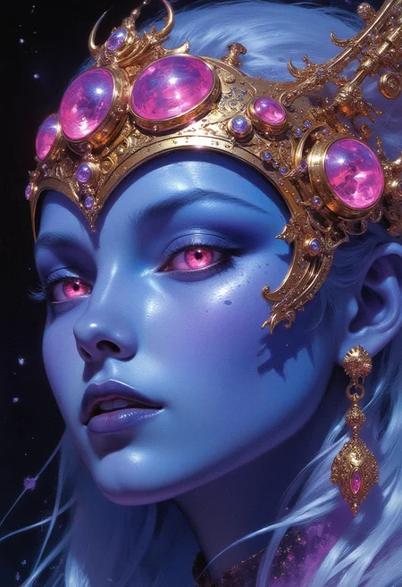 A detailed close-up of a woman's face, with pale blue skin and ethereal white hair. She has glowing, iridescent pink eyes that seem to shimmer with cosmic energy. Her skin is speckled with tiny, glowing particles that resemble stars. She wears an ornate golden crown adorned with large, glowing magenta gems and intricate golden details, each gem reflecting the glowing light from her eyes. Her lips are glossy and dark, a deep, shiny shade of blue, while her expression is calm and otherworldly. The image is set against a deep starry night sky, with flecks of light mimicking distant stars, creating a cosmic and surreal atmosphere. The style is highly detailed, with a digital art feel, using a vibrant palette of purples, blues, and glowing pinks. Soft, dreamlike lighting enhances the mysterious and celestial mood of the image. <lora:artisketchyfs-v02:0.83> <lora:FLUXRetroSciV3:0.53> RetroSci style, <lora:flux.1_lora_flyway_Epic-Characters_v1:0.43>