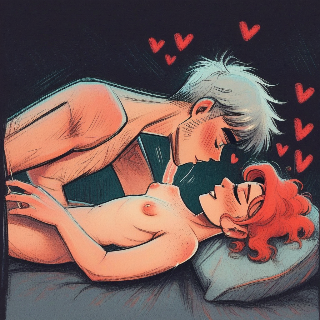 score_9, score_8_up, score_7_up, ncpy13 style, pastels drawing, dark textured background, flat perspective, 1man and 1woman, romantic, motion lines, tender, passionate, side view, amateur, raw, cunnilingus, orgasm, on bed.  ((1woman with red hair)), 40 years old, (woman has chubby body:0.9), milf, sexy, freckles, green eyes, confident, flirty, proud, orgasm, heart, blush, (small breasts), (saggy breasts:0.8).  1man with gray hair, 30 years old, (man has chubby body:1.0), (man has gray hair and middle age face), preforming cunnilingus.