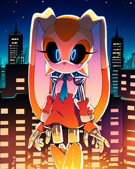 score_9, score_8_up, solo, Cream the rabbit, glowing eyes, black sclera, robot, metal skin, shiny skin, no mouth, outdoors, robot joints, night, city, dim lighting, horror theme, <lora:Robotization_Pony:0.75>, score_9, score_8_up,