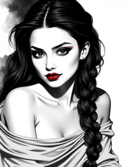 zavy-fnrt , This is a highly detailed, hyper-realistic black and white drawing of a young woman with a striking expression. She has a fair complexion, long, wavy hair styled in two braids that fall over her shoulders, and dark, expressive eyes that gaze directly at the viewer. Her lips are full and painted in a deep, rich shade of red, adding a dramatic contrast to the monochromatic background. She is partially draped in a loose, flowing garment that is rendered with soft, feathery strokes, giving it a delicate, almost ethereal texture. Her physique is slender, and she is posed in a three-quarter view, turning her head slightly to the left. The background is minimalistic and abstract, consisting of soft, smudged lines and gradients that emphasize the subject without distracting from her features. The overall style of the drawing is highly realistic, with meticulous attention to detail in the textures and shadows, creating a sense of depth and realism. The image conveys a sense of intimacy and sensualism. <lora:ck-greasepencil__:1> <lora:Add_More_details_Flux:1>