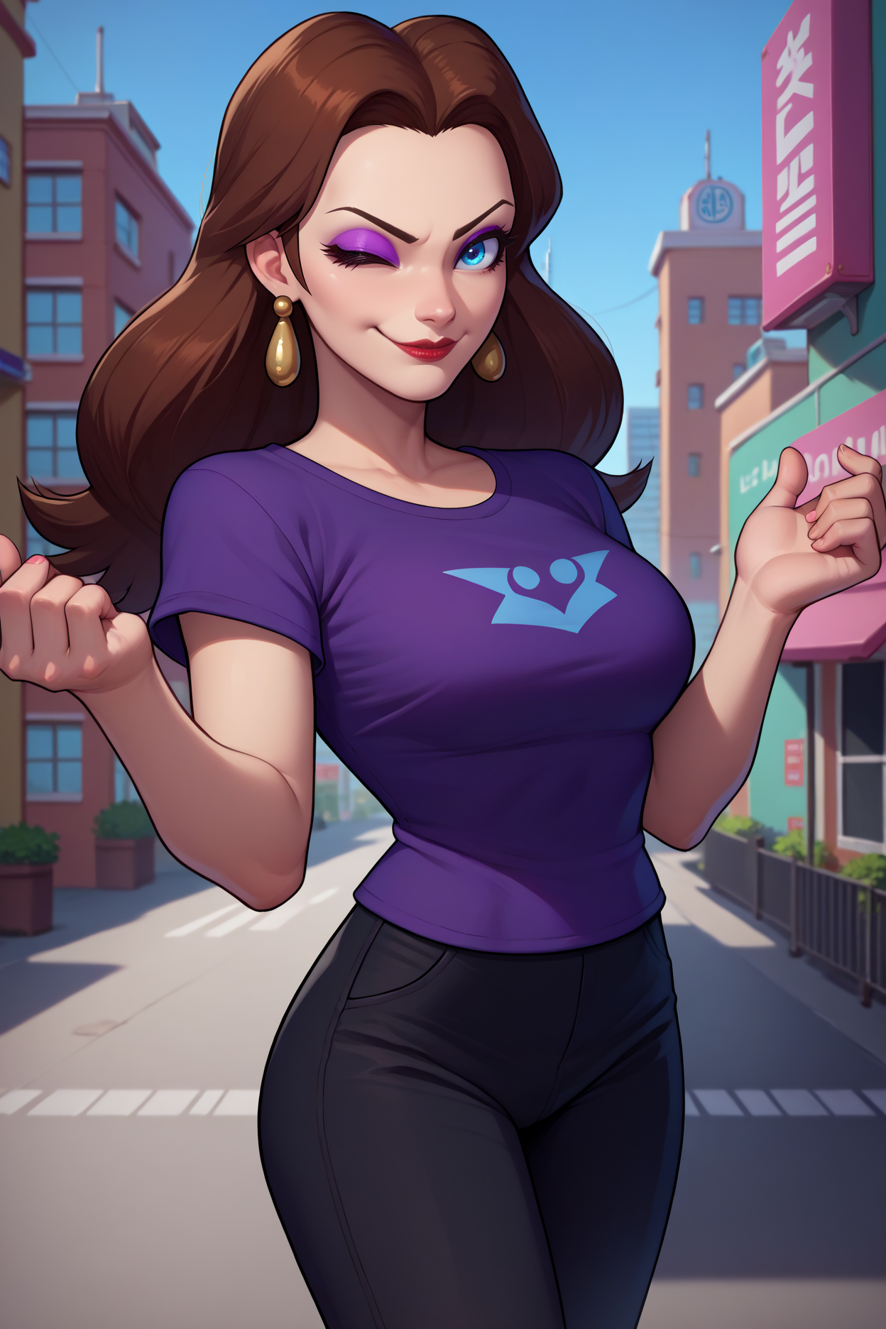 score_9, score_8_up, score_7_up, score_6_up, source_anime, 1girl, solo,  <lora:pauline-pdxl-nvwls-v1-000005:1> smopalne, brown hair, long hair, blue eyes, eyeshadow, lipstick, earrings, large breasts, purple t-shirt, black pants, looking at you, smirk, leaning foward, wink, city, full body