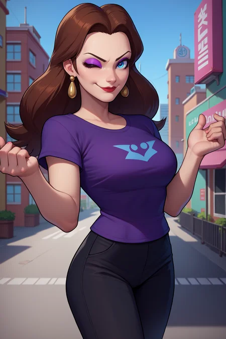 score_9, score_8_up, score_7_up, score_6_up, source_anime, 1girl, solo, <lora:pauline-pdxl-nvwls-v1-000005:1> smopalne, brown hair, long hair, blue eyes, eyeshadow, lipstick, earrings, large breasts, purple t-shirt, black pants, looking at you, smirk, leaning foward, wink, city, full body