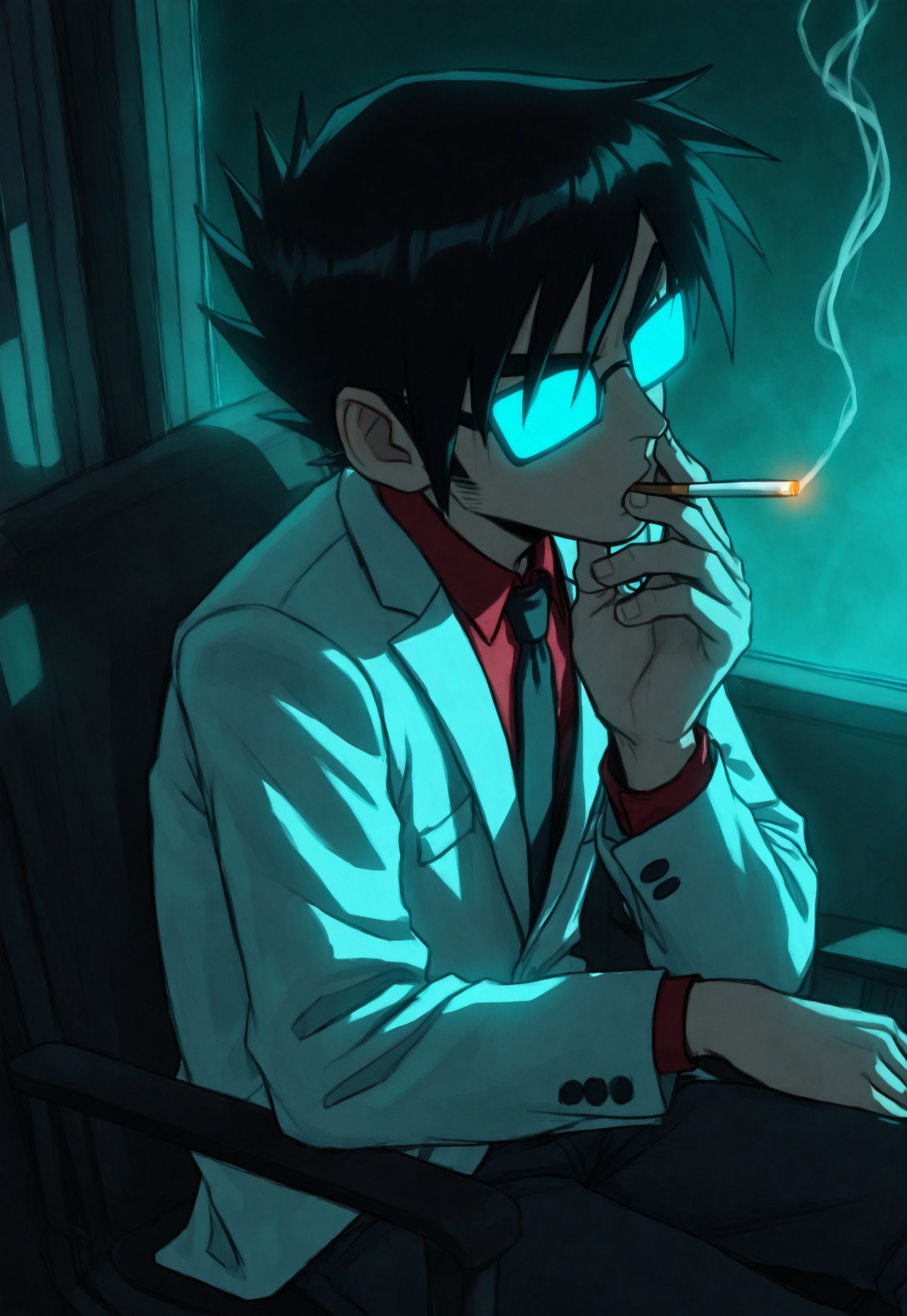 masterpiece, best quality, amazing quality, very aesthetic, absurdres, newest, detailed background, githew, 1boy, solo, gideon, black hair, glasses, white jacket, red shirt, necktie, pursed lips, smoking, cigarette between fingers, cigarette in mouth, serious, opaque glasses, glowing glasses, sitting, hunched over, thinking, from side, three quarter view, (close-up), bludwing
