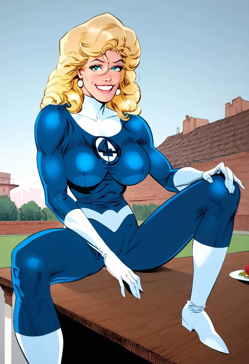 Erik Larsen Style, Erik Larsen Digital Style, Sue storm, 1girl, blonde hair, long hair, short hair, blue bodysuit, white gloves, large breasts, comicbook style, score_9, score_8_up, score_8, seated opposite the viewer at a romantic dinner, sitting at a table during dinner, legs spread wide,(Romantic, Rooftop dining, Enchanting) smiling at the viewer,