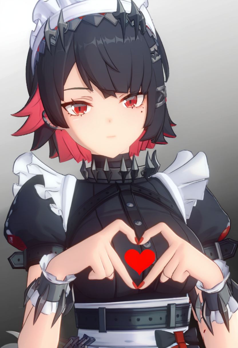 ellen joe, 1girl, black hair, breasts, closed mouth, colored inner hair, gradient background, grey background, heart, heart hands, looking at viewer, maid, maid headdress, medium breasts, mole, mole under eye, multicolored hair, puffy short sleeves, puffy sleeves, red eyes, red hair, short hair, short sleeves, solo, two-tone hair, upper body
masterpiece,best quality,high definition,ultra-detailed,<lora:zzz-000220:1>,juequ,