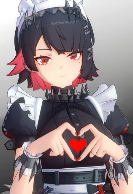 ellen joe, 1girl, black hair, breasts, closed mouth, colored inner hair, gradient background, grey background, heart, heart hands, looking at viewer, maid, maid headdress, medium breasts, mole, mole under eye, multicolored hair, puffy short sleeves, puffy sleeves, red eyes, red hair, short hair, short sleeves, solo, two-tone hair, upper body
masterpiece,best quality,high definition,ultra-detailed,<lora:zzz-000220:1>,juequ,