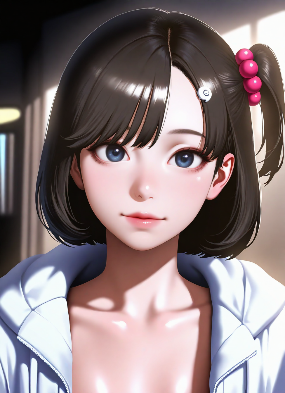 ((score_9, realistic)), ((face focus)), ((fair skin)), ((skinny)), 1girl, one side up, short hair, hair ornament, idol, jpop, kpop, belle, pretty, petite, upper body, <lora:ADetailerNetidolFace_pony:0.8>, open clothes,, <BREAK> , masterpiece, amazing quality, best quality, ultra-detailed, 8K, illustration, CG, clear skin, ultra-detailed-eyes, soft skin, shiny skin, shiny hair, very awa, very as2, anime coloring,, , shiny, shiny skin, shiny hair, soft body,