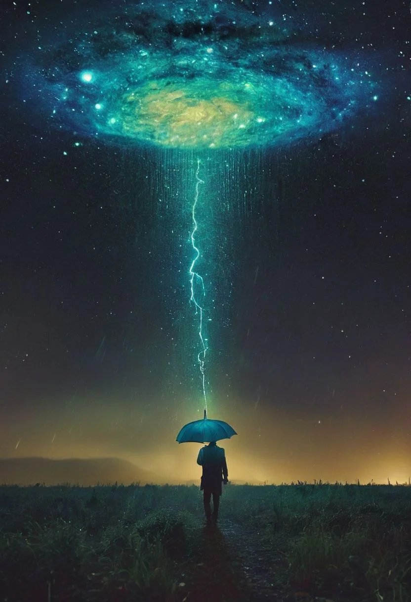holding translucent colorful umbrella, looking in the sky, first person view, and capture the surreal: seeing from below a towering watering can pouringwater on us, its neck piercing through ominous clouds, showering us with a gentle rain.
Amidst the quietude of the night, his presence exudes a sense of ancestral strength and resilience. Behind him, the low-toned hues of the Milky Way cast a mesmerizing backdrop, a cosmic tapestry weaving tales of both past and future. In this moment, the convergence of tradition and technology, of ancient wisdom and industrial progress, hangs palpably in the air.
In the depths of this nocturnal tableau lies the promise of epic tales yet untold, where the spirit of the Indianer melds seamlessly with the diesel-powered pulse of a world in flux.