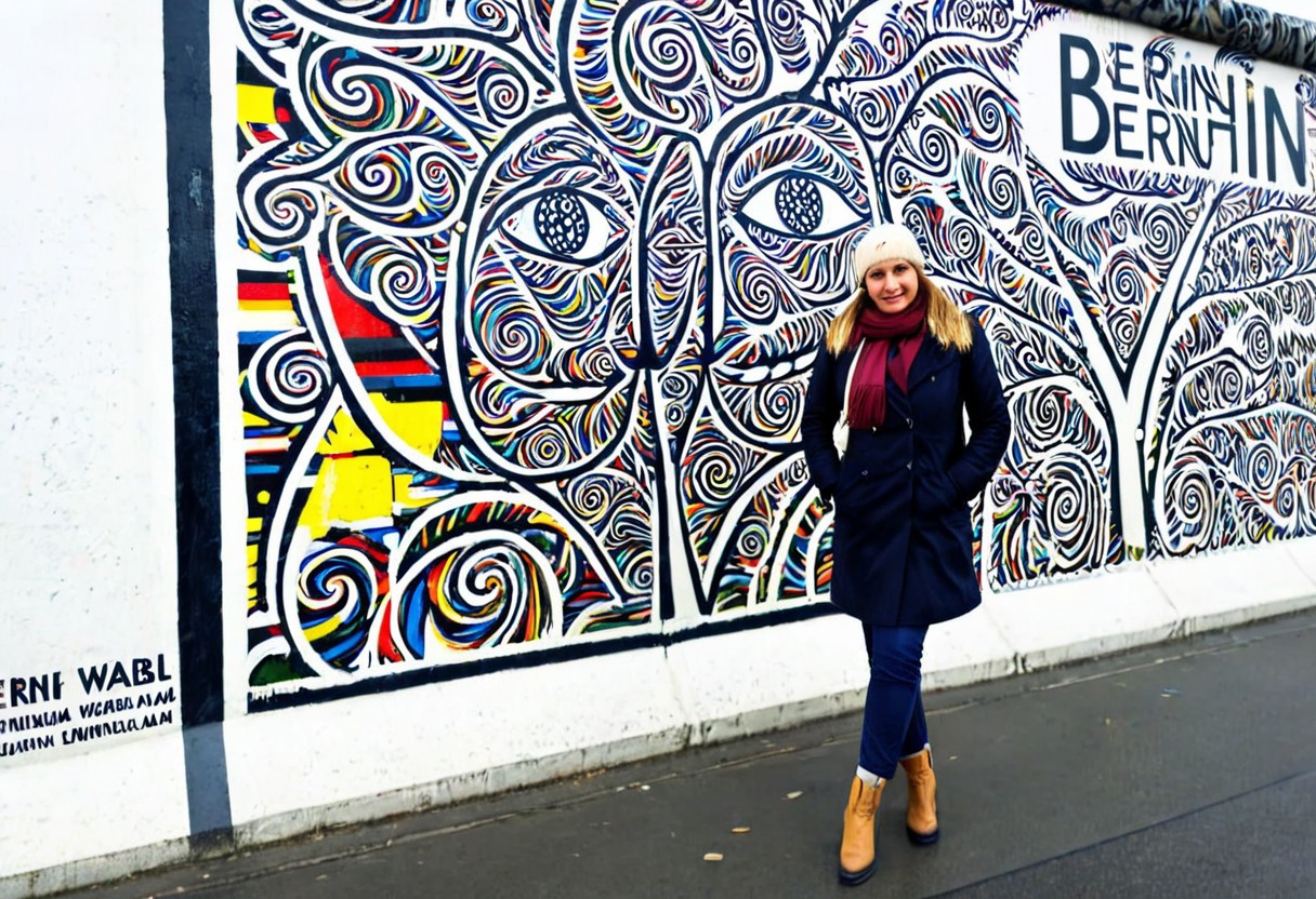 Woman standing on the sidewalk in front of the Berlin Wall. 
Berlin, Berlin Wall, Berliner Mauer, Bruderkuss.