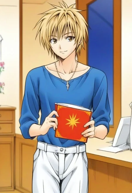 ((masterpiece)), ((best quality)), ((ultra-detailed)), score_9_up, score_8_up, score_7_up, HD, top quality, best quality, High-quality illustrations, anime screencap, perfect anatomy, 1male, 1boy, solo male, male focus, anime, anime boy, male anime character, handsome, attractive, cute, smiling, happy, charming smile,Yuu Kotegawa,blonde hair,gray-yellow eyes, slim body, tall body, slender body, slim slender body, wearing necklace, wearing long sleeve blue shirt, white pants