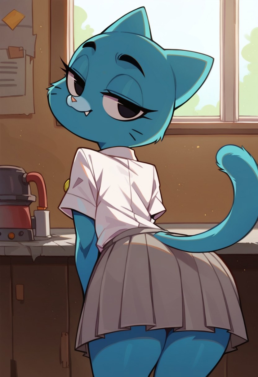 score_9_up, score_8_up, score_7_up, 1girl, solo, n1c0le, furry female, black eyes, blue fur, cat ears, cat tail, white shirt, short sleeves, grey skirt, pleated skirt, looking at viewer, smile, half-closed eyes, fang, from behind, ass focus, bent over, cowboy shot, indoors