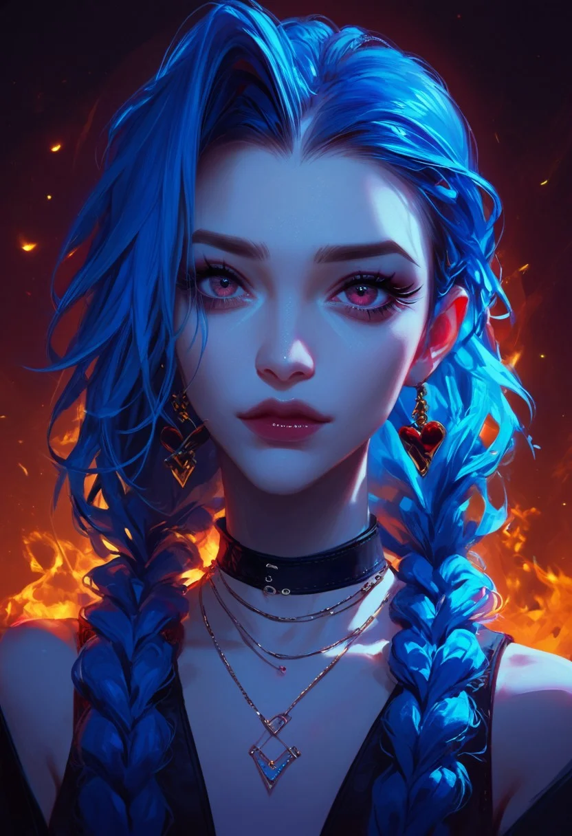 score_9, score_8_up, score_7_up, Expressiveh, jinx, innocent, blue hair, looking at viewer, makeup necklace, jewelry, braids, choker, long eyelashes, golden light, fire background