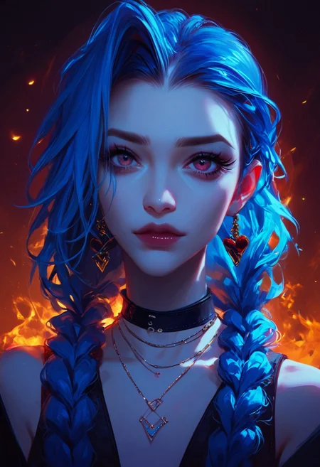 score_9, score_8_up, score_7_up, Expressiveh, jinx, innocent, blue hair, looking at viewer, makeup necklace, jewelry, braids, choker, long eyelashes, golden light, fire background