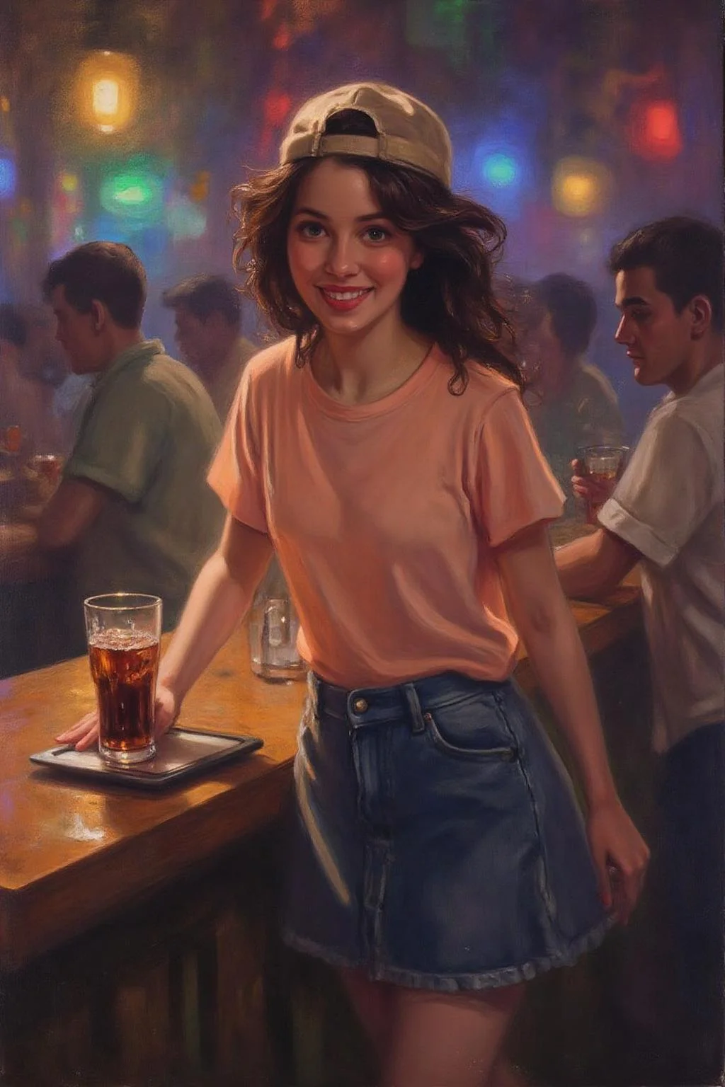 frankowensalisbury1 painting.
The air buzzes with the energy of a busy bar, a mix of music, conversation, and the clinking of glasses. A barmaid, the embodiment of youthful vibrancy, navigates the lively scene. She wears a peach-coloured T-shirt, the soft fabric contrasting with the smooth, cold glass of coke she carries on a small tablet. Her short skirt adds a playful touch, and a backwards baseball cap hints at a carefree attitude. The setting and atmosphere are palpable: the warm, slightly sticky surface of the bar counter under her fingertips, the dim, colourful lighting that casts playful shadows. Sensory details are abundant: the condensation forming on the glass of coke, the texture of her denim skirt, and the way the bar lights catch the highlights in her hair. Her confident stride, her quick smile, and her efficient movements. Stylistically, the image draws inspiration from the vibrant, candid shots of nightlife photographers, with a touch of the stylized realism found in contemporary illustration. There's a deliberate contrast between the barmaid's youthful energy and the slightly worn, lived-in atmosphere of the bar, creating a dynamic and engaging image. <lora:frankowensalisbury1_cap_d8a4:1.0><lora:863241768387278080:0>