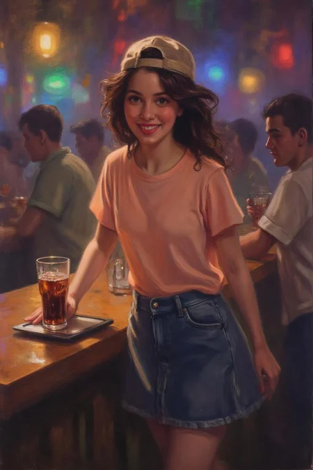 frankowensalisbury1 painting.
The air buzzes with the energy of a busy bar, a mix of music, conversation, and the clinking of glasses. A barmaid, the embodiment of youthful vibrancy, navigates the lively scene. She wears a peach-coloured T-shirt, the soft fabric contrasting with the smooth, cold glass of coke she carries on a small tablet. Her short skirt adds a playful touch, and a backwards baseball cap hints at a carefree attitude. The setting and atmosphere are palpable: the warm, slightly sticky surface of the bar counter under her fingertips, the dim, colourful lighting that casts playful shadows. Sensory details are abundant: the condensation forming on the glass of coke, the texture of her denim skirt, and the way the bar lights catch the highlights in her hair. Her confident stride, her quick smile, and her efficient movements. Stylistically, the image draws inspiration from the vibrant, candid shots of nightlife photographers, with a touch of the stylized realism found in contemporary illustration. There's a deliberate contrast between the barmaid's youthful energy and the slightly worn, lived-in atmosphere of the bar, creating a dynamic and engaging image. <lora:frankowensalisbury1_cap_d8a4:1.0><lora:863241768387278080:0>