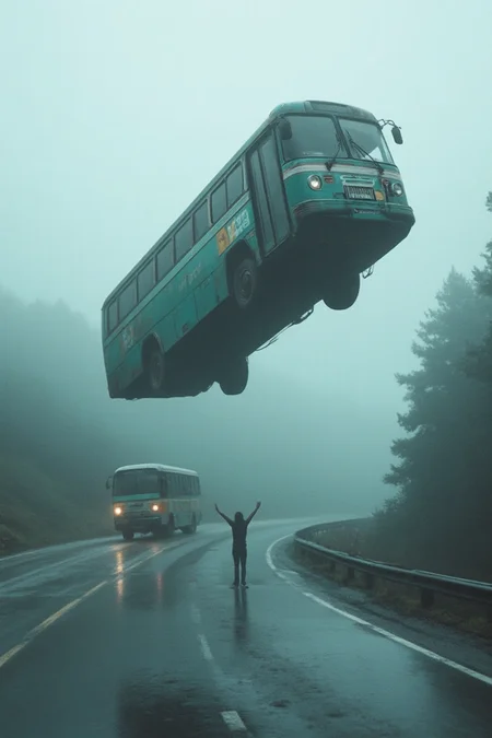 A surreal scene where a bus is suspended in mid-air above a road, with another smaller vehicle below it. The road is wet, reflecting the surroundings, and there's a person standing with arms raised, seemingly in awe or celebration. The backdrop consists of a misty forest, and the overall color palette is dominated by cool tones, giving the scene a dreamlike quality.