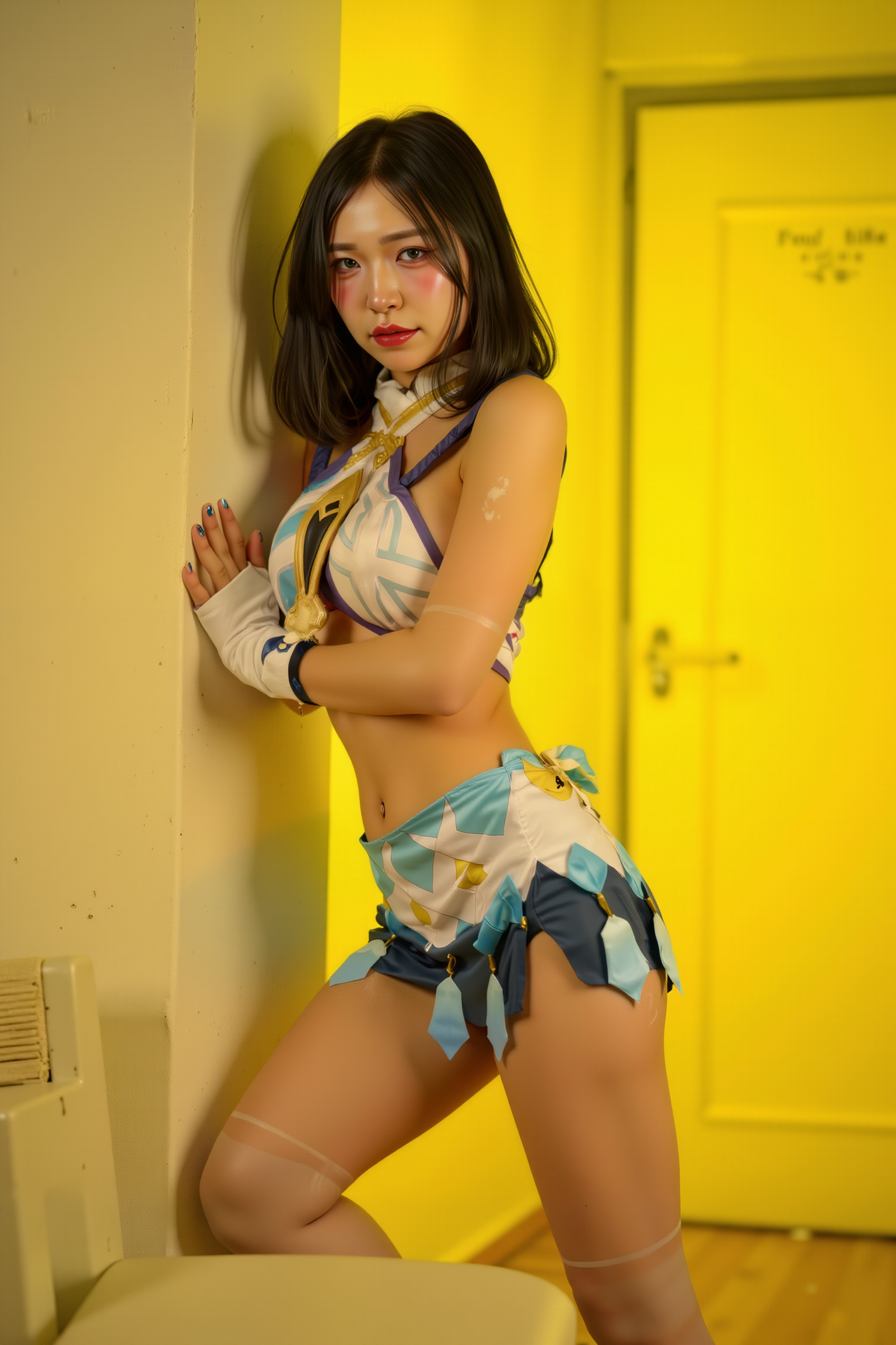 Professional high-resolution photograph featuring a young woman standing with her back slightly leaned against a clean, neutral-toned wall, one knee slightly bent, foot pressed softly against the wall. Her arms are relaxed at her sides or loosely folded, creating an effortlessly stylish yet composed pose. Gentle lighting emphasizes her elegant posture.

She is wearing a SGWN53Clothing. Her makeup is dramatic, with dark eyeliner and bold, glossy pink lips. 

The lighting features a high-contrast, monochromatic white color scheme that creates a moody, intimate atmosphere. 

The photography technique uses what appears to be soft lighting to create a glamorous effect, with careful attention to highlighting contours while maintaining the dominant light yellow color scheme throughout the frame.

The overall aesthetic combines elements of fashion photography, traditional Asian visual motifs, and contemporary boudoir styling. The dramatic light yellow lighting creates a cohesive visual theme that ties all elements of the composition together.

The white light emit on her to show her feature.