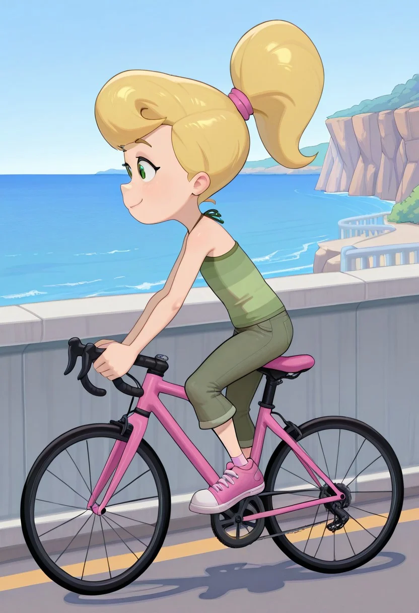 masterpiece, best quality, absurdres, 1girl, female focus, solo, CAV_JN, green eyes, blonde hair, ponytail, high ponytail, center-flap bangs, asymmetrical bangs, (ponytail holder sometimes visible), CAV_TDef, halter shirt, sleeveless shirt, striped shirt, green shirt, jeans, green jeans, capri pants, pink footwear, sneakers, road bicycle, handlebars, bicycle saddle, riding bicycle, street, cliff, railing, coast, downhill, ocean, outdoors, from side
