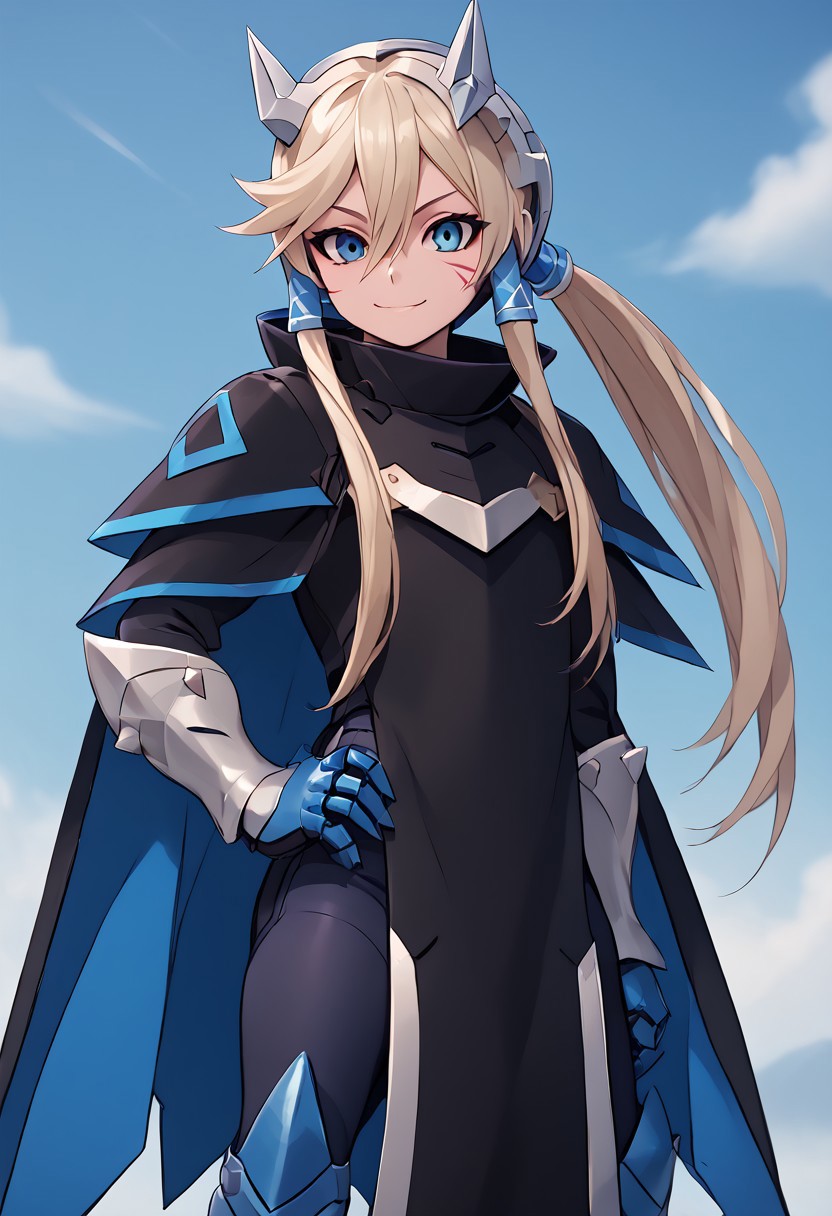 score_4,score_5,score_6,score_7_up,score_8_up,score_9 ((masterpiece,best quality,ultra detailed,highres,HD,4k:1.2)),
1 girl, solo, long hair, ponytail, blue eyes, sharp eyes, slanted eyes, hair tube, hair between eyes,facial scar, bangs, headgear,
cape, cloak, armor, spikes, gauntlets, 
standing,hand on hip,
smile,