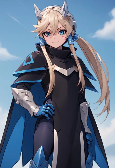 score_4,score_5,score_6,score_7_up,score_8_up,score_9 ((masterpiece,best quality,ultra detailed,highres,HD,4k:1.2)),
1 girl, solo, long hair, ponytail, blue eyes, sharp eyes, slanted eyes, hair tube, hair between eyes,facial scar, bangs, headgear,
cape, cloak, armor, spikes, gauntlets,
standing,hand on hip,
smile,