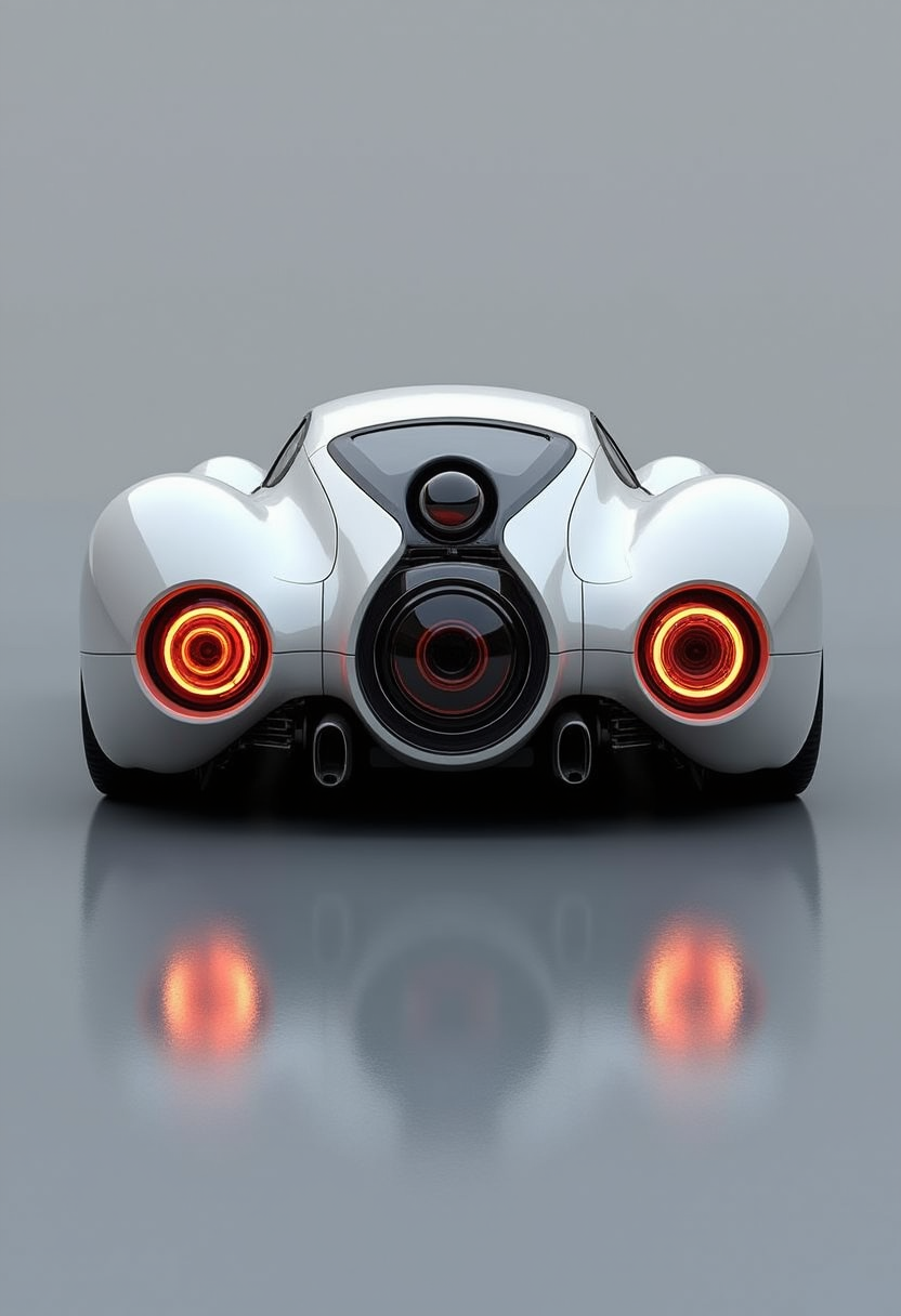 YFG-Rounded A bubble-canopied sports car with a cylindrical rear engine block, ring tail lights that form swirling patterns, and a sleek silhouette emphasizing curved lines.