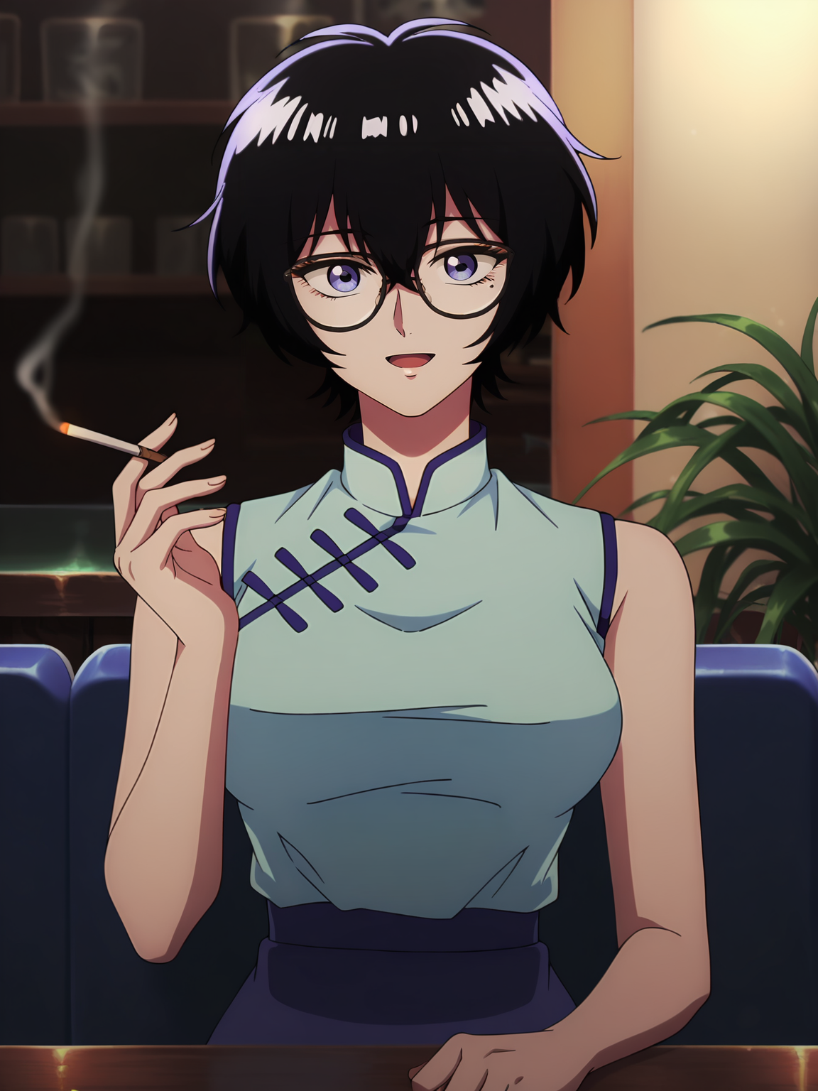 <lora:Reiko:0.8>, reiko, 1girl, solo, black short hair, blue eyes, mole under eye, round glasses, light blue chinese dress, sleeveless, blue high-waist pencil skirt, smiling, content, open mouth, sitting, holding cigarette, upper body, looking at viewer, frontal view, indoors, restaurant, plants, fancy setting, caustics, low lighting
