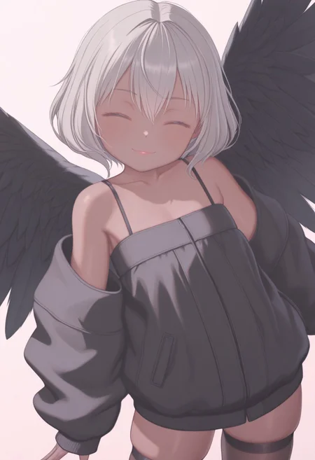 cusudonsty, soft colors, pastel colors, traditional media, masterpiece, hires, solo, 1girl, skindentation, closed eyes, lips, smile, grey hair, pose, ashy dark-skinned female, bare shoulders, baggy jacket, black feather wings