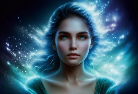 A digital painting depicting an ethereal female character with pointed elfin ears, viewed from a slightly elevated angle to the right. The character has a serene expression with closed eyes, lips gently parted, and illuminated by glowing, ethereal light streams in shades of electric blue, aquamarine, teal, and white. Her hair blends seamlessly into flowing, luminous energy waves that swirl around her head and shoulders, creating a sense of motion and otherworldliness. These swirling energy fields and neon-colored particles are intertwined with translucent liquid-like formations, adding depth and dimension to the composition. The character's skin appears smooth and pale, with subtle highlights enhancing her facial features. Small, sparkling emerald green and lavender orbs adorn her face and shoulders, reflecting the surrounding light. The background is dark and indistinct, enhancing the focus on the luminous figure. Softly glowing wisps of vapor or energy flow dynamically throughout the scene, contributing to the mystical atmosphere. The overall color palette includes deep navy blues, vibrant purples, soft whites, and various iridescent hues, with high contrast between the bright luminous elements and the darker surroundings. This striking composition evokes a sense of fantasy and tranquility, blending dreamlike and supernatural elements in a captivating digital artwork.