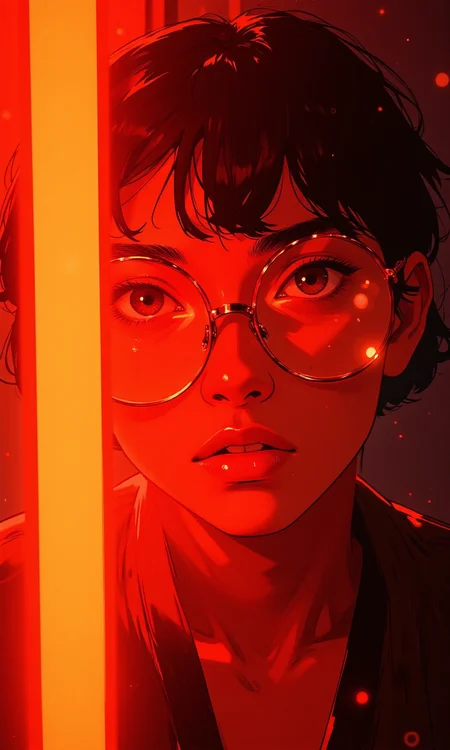 The image is a close-up portrait of a person wearing large, round glasses. The lighting in the photo is dramatic and intense, with a strong red hue dominating the scene. A bright, vertical light source, possibly a neon light, casts a vivid orange glow across the person's face, creating sharp contrasts and shadows. The individual's hair appears to be dark and slightly tousled, adding to the overall edgy and artistic feel of the photograph.
The person's expression is serious and contemplative, with their gaze directed slightly off-camera. The combination of the bold lighting, the striking glasses, and the intense colors gives the image a cyberpunk or futuristic aesthetic. The background is mostly obscured by the lighting effects, but it seems to be a dark, possibly urban environment, which further enhances the moody and atmospheric quality of the photo.
BREAK anime, bboil artist style, <lora:FLUX\Synesthesia:0.2>, <lora:FLUX\RetroAnimeS1.1:0.4>, <lora:FLUX\Flux-jijia:0.1>, <lora:FLUX\RM_Artistify_v1.0M:0.1>, <lora:FLUX\Organic Sauce - FLUX:0.6000000000000001>, <lora:FLUX\It's a LoRA for portraits, BUT! actually specialized in backgrounds. v1.0:0.30000000000000004>, <lora:FLUX\Dieselpunk Delight - s0_9 g4:0.4>